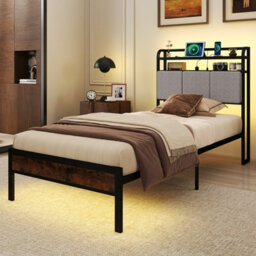 Costway Single Size Metal Bed Frame W/ Led Light & Charging Station-Brown - thumbnail 4