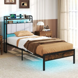 Costway Single Size Metal Bed Frame W/ Led Light & Charging Station-Brown - thumbnail 3