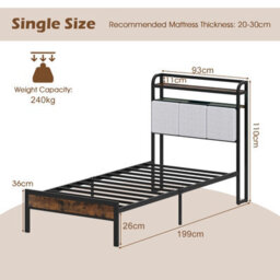 Costway Single Size Metal Bed Frame W/ Led Light & Charging Station-Brown - thumbnail 2