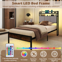 Costway Single Size Metal Bed Frame W/ Led Light & Charging Station-Brown - thumbnail 7