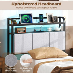 Costway Single Size Metal Bed Frame W/ Led Light & Charging Station-Brown - thumbnail 6
