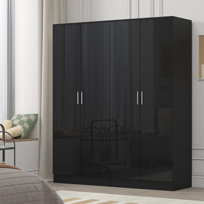 Reflect 2X 2 Door Plain Wardrobe Bundle - Black Gloss & Black Oak - Rails & Shelves - H: 180Cm X W: 152Cm - Modern Sleek Design - image 1