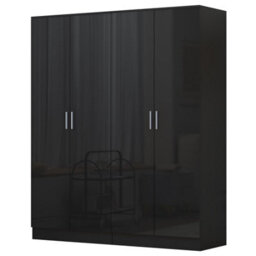 Reflect 2X 2 Door Plain Wardrobe Bundle - Black Gloss & Black Oak - Rails & Shelves - H: 180Cm X W: 152Cm - Modern Sleek Design - thumbnail 5