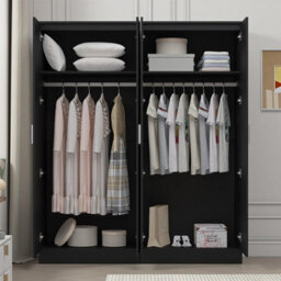 Reflect 2X 2 Door Plain Wardrobe Bundle - Black Gloss & Black Oak - Rails & Shelves - H: 180Cm X W: 152Cm - Modern Sleek Design - thumbnail 4