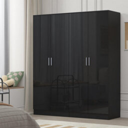 Reflect 2X 2 Door Plain Wardrobe Bundle - Black Gloss & Black Oak - Rails & Shelves - H: 180Cm X W: 152Cm - Modern Sleek Design
