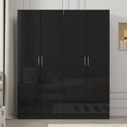 Reflect 2X 2 Door Plain Wardrobe Bundle - Black Gloss & Black Oak - Rails & Shelves - H: 180Cm X W: 152Cm - Modern Sleek Design - thumbnail 3