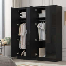 Reflect 2X 2 Door Plain Wardrobe Bundle - Black Gloss & Black Oak - Rails & Shelves - H: 180Cm X W: 152Cm - Modern Sleek Design - thumbnail 2