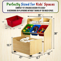 Hygrad Built to Survive Wooden Kids Toy Storage Organizer, 3 Plastic Bins, Extra Rolling Toy Box Chest & Storage Shelf, Toddler Furniture Storage Unit Wit - thumbnail 4
