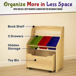 Hygrad Built to Survive Wooden Kids Toy Storage Organizer, 3 Plastic Bins, Extra Rolling Toy Box Chest & Storage Shelf, Toddler Furniture Storage Unit Wit - thumbnail 2