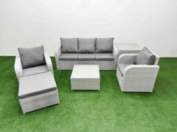 Fimous Pe Rattan Garden Furniture Set Reclining Chair Sofa Lounge Sofa Set Square Coffee Table Side Table Footstool Light Grey - thumbnail 1
