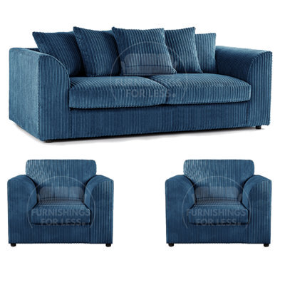 Furnishings For Less UK Luxor Jumbo Cord 3 + 1 + 1 Fabric 3 Piece Sofa Suite - Scatter Back Marine Blue - image 1