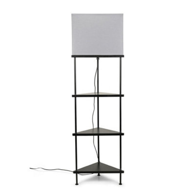 Valuelights Taska Black Wooden 3 Tier Corner Floor Lamp With Grey Fabric Shade And Storage Shelves - image 1