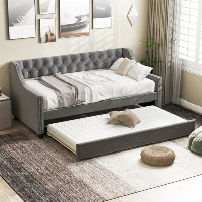Costway Single Size Trundle Bed Linen Upholstered Daybed W/ Trundle Sofa Bed Frame - image 1