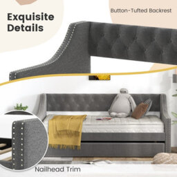 Costway Single Size Trundle Bed Linen Upholstered Daybed W/ Trundle Sofa Bed Frame - thumbnail 9