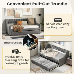 Costway Single Size Trundle Bed Linen Upholstered Daybed W/ Trundle Sofa Bed Frame - thumbnail 6