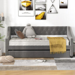 Costway Single Size Trundle Bed Linen Upholstered Daybed W/ Trundle Sofa Bed Frame - thumbnail 5