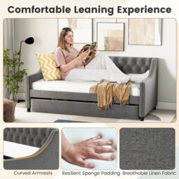 Costway Single Size Trundle Bed Linen Upholstered Daybed W/ Trundle Sofa Bed Frame - thumbnail 7