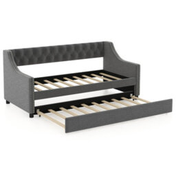 Costway Single Size Trundle Bed Linen Upholstered Daybed W/ Trundle Sofa Bed Frame - thumbnail 2