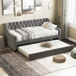 Costway Single Size Trundle Bed Linen Upholstered Daybed W/ Trundle Sofa Bed Frame - thumbnail 1