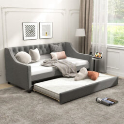 Costway Single Size Trundle Bed Linen Upholstered Daybed W/ Trundle Sofa Bed Frame - thumbnail 4