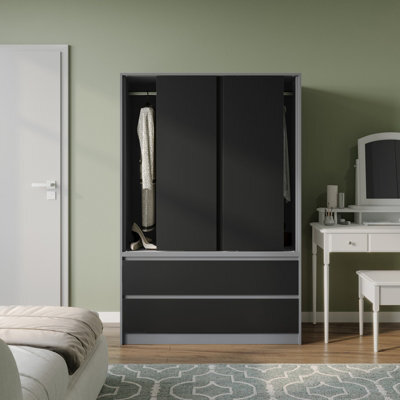 Urbn-Living Urbnliving 180Cm Height Grey Carcass 3 Sliding Black Door With 4 Black Drawer Wardrobe Clothes Storage Hanging Rail Bedroom - image 1