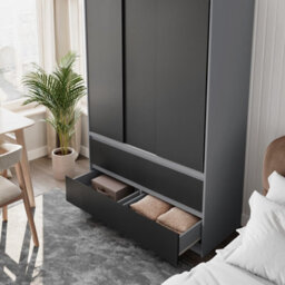 Urbn-Living Urbnliving 180Cm Height Grey Carcass 3 Sliding Black Door With 4 Black Drawer Wardrobe Clothes Storage Hanging Rail Bedroom - thumbnail 5