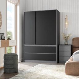 Urbn-Living Urbnliving 180Cm Height Grey Carcass 3 Sliding Black Door With 4 Black Drawer Wardrobe Clothes Storage Hanging Rail Bedroom - thumbnail 2