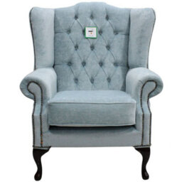 Chesterfield High Back Wing Chair Duck Egg Blue Fabric Bespoke In Mallory Style - thumbnail 3