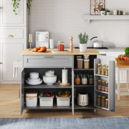 Abrihome 132.5Cm Rolling Kitchen Island, Foldable Tabletop, Storage Trolley With Spice Rack & Towel Holder, 5 Wheels For Kitchen, Dining - thumbnail 2