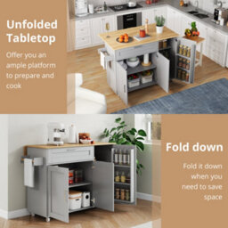 Abrihome 132.5Cm Rolling Kitchen Island, Foldable Tabletop, Storage Trolley With Spice Rack & Towel Holder, 5 Wheels For Kitchen, Dining - thumbnail 4