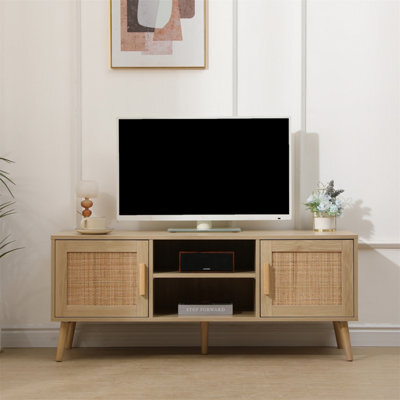 Furniturehmd 120Cm Ratten Tv Stand, Media Entertainment Center With 2-Tier Shelves,modern Tv Cabinet,5 Solid Pine Wood Legs - image 1