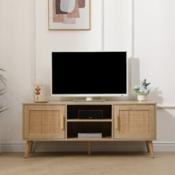 Furniturehmd 120Cm Ratten Tv Stand, Media Entertainment Center With 2-Tier Shelves,modern Tv Cabinet,5 Solid Pine Wood Legs - thumbnail 1
