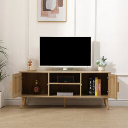 Furniturehmd 120Cm Ratten Tv Stand, Media Entertainment Center With 2-Tier Shelves,modern Tv Cabinet,5 Solid Pine Wood Legs - thumbnail 3