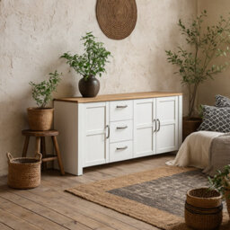 Wyld Haus Bramblecroft Large Sideboard, White Body With Natural Oak Top, 3 Doors & 3 Drawers