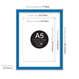 A5 Blue Picture Frame With Mount For A6 (10.5 X 14.8Cm - 4.1 X 5.8In) Poster, Photo, Artwork, Or Print. - thumbnail 2