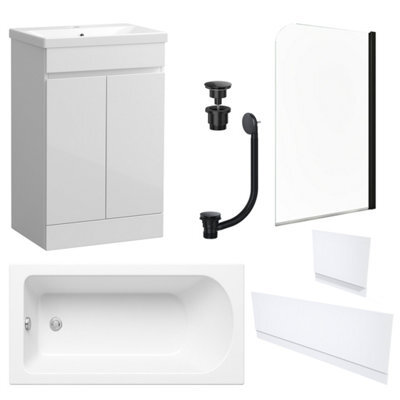 FNX Bathrooms Waterproof 600mm Vanity Unit With Single Ended Bath, Gloss White Panels, Matt Black Screen, Bath & Universal Basin Waste - image 1