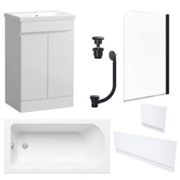 FNX Bathrooms Waterproof 600mm Vanity Unit With Single Ended Bath, Gloss White Panels, Matt Black Screen, Bath & Universal Basin Waste