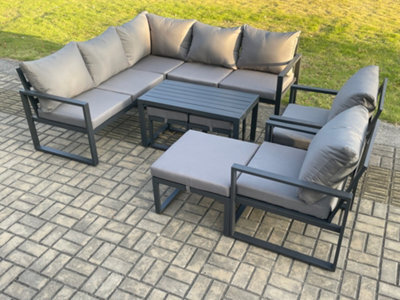 Fimous 10 Seater Aluminium Outdoor Garden Furniture Set Patio Lounge Sofa With Oblong Coffee Table 3 Footstools Dark Grey