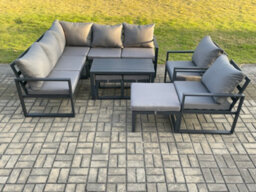 Fimous 10 Seater Aluminium Outdoor Garden Furniture Set Patio Lounge Sofa With Oblong Coffee Table 3 Footstools Dark Grey - thumbnail 2