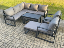 Fimous 10 Seater Aluminium Outdoor Garden Furniture Set Patio Lounge Sofa With Oblong Coffee Table 3 Footstools Dark Grey - thumbnail 1