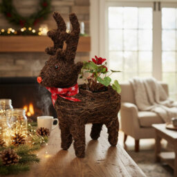 Four Candle Christmas Rattan Reindeer Planter With Red Scarf Festive 36Cm - thumbnail 2