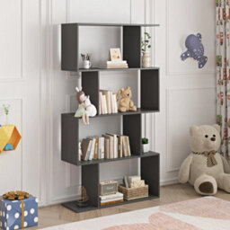 Black 4Tier Bookcase S-Shaped Bookshelf Display Rack Book Storage Stand Shelves - thumbnail 1