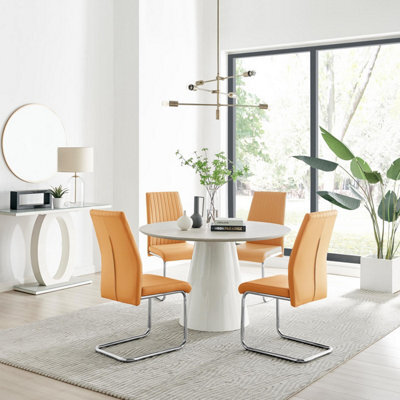 Furniturebox Uk Palma Beige Stone Effect Round Dining Table & 4 Mustard Lorenzo Chairs - image 1