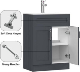 Belofay 600mm Bathroom Vanity Units With Basin With White Ceramic Bathroom Sink Soft Close Hinges & 1 Tap Hole (Crawley Grey) - thumbnail 6