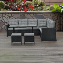Evre Black 8 Seater Garden Rattan Furniture Corner Dining Set - Monroe With Table Sofa Bench Stool - thumbnail 2
