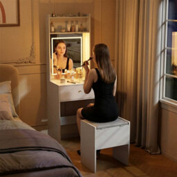 Makeup Vanity Desk Set With Led Dimmable Mirror, Fold-Up Panel, Storage Stool, Modern Dressing Table With Open Shelves, White - thumbnail 5