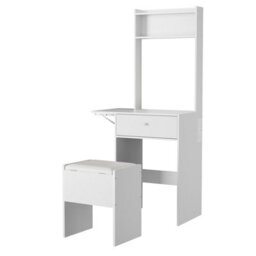 Makeup Vanity Desk Set With Led Dimmable Mirror, Fold-Up Panel, Storage Stool, Modern Dressing Table With Open Shelves, White - thumbnail 8