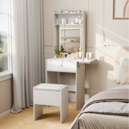 Makeup Vanity Desk Set With Led Dimmable Mirror, Fold-Up Panel, Storage Stool, Modern Dressing Table With Open Shelves, White