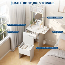 Makeup Vanity Desk Set With Led Dimmable Mirror, Fold-Up Panel, Storage Stool, Modern Dressing Table With Open Shelves, White - thumbnail 4