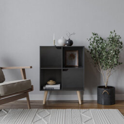 Urbn-Living Urbnliving 80Cm Height Black 4 Cube With Black 2 Wooden Door Bookcase With Pine Legs Shelves